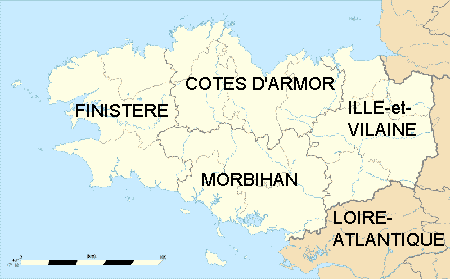 Map of Brittany France with departments